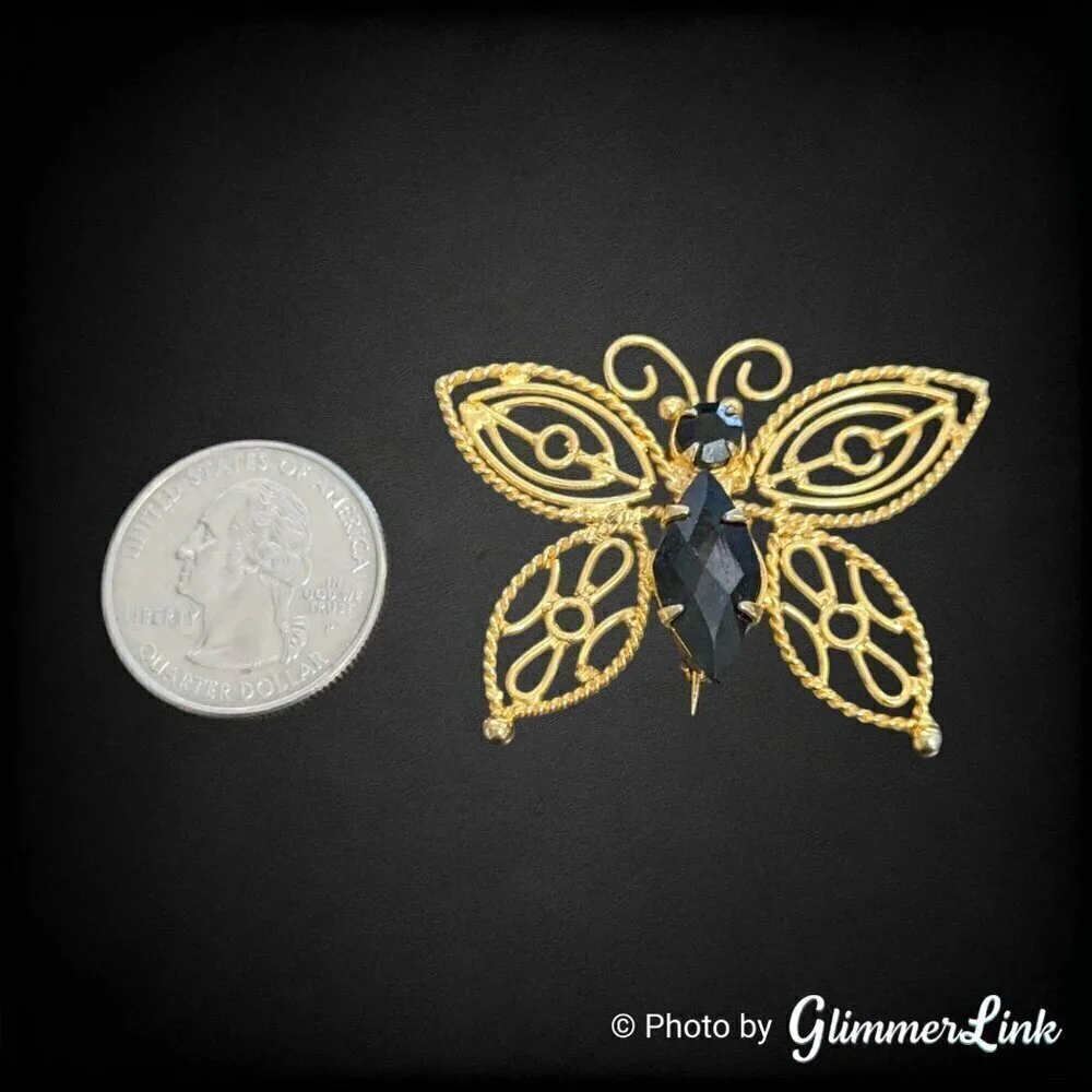 Vintage Butterfly Filigree Black Rhinestones Gold Tone Brooch Pin